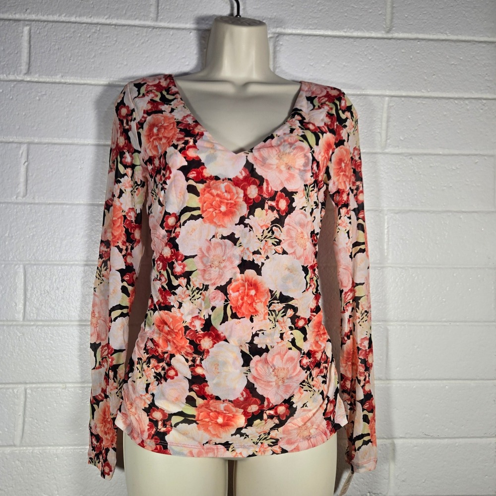 Vtg INC Y2K Ruched Floral Mesh Long Sleeve Top 90s Bright Boho V Neck Small